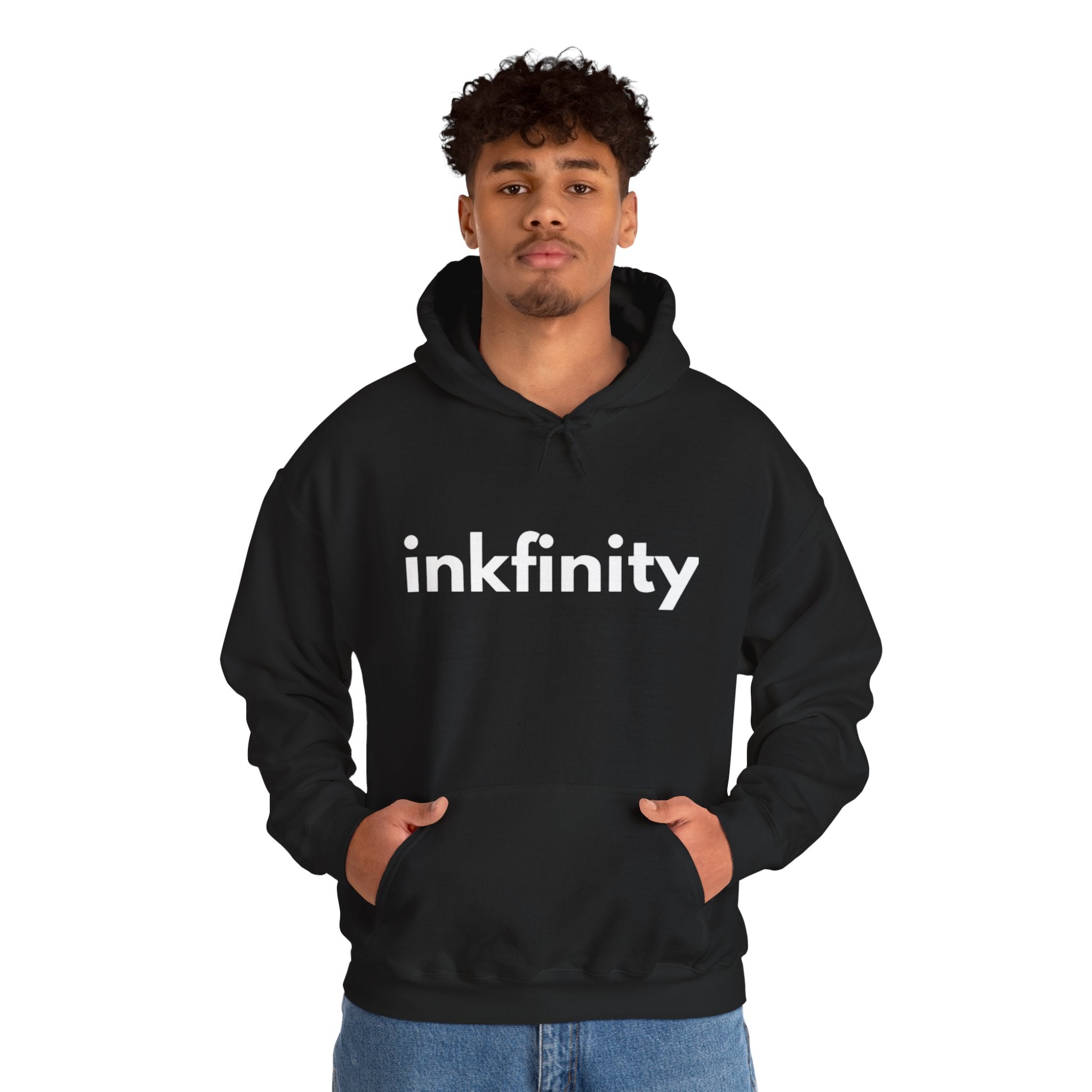 Inkfinity Branded Hoodie, Unisex, White Text on Black Hoodie